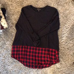 Mock layered sweater and plaid shirt